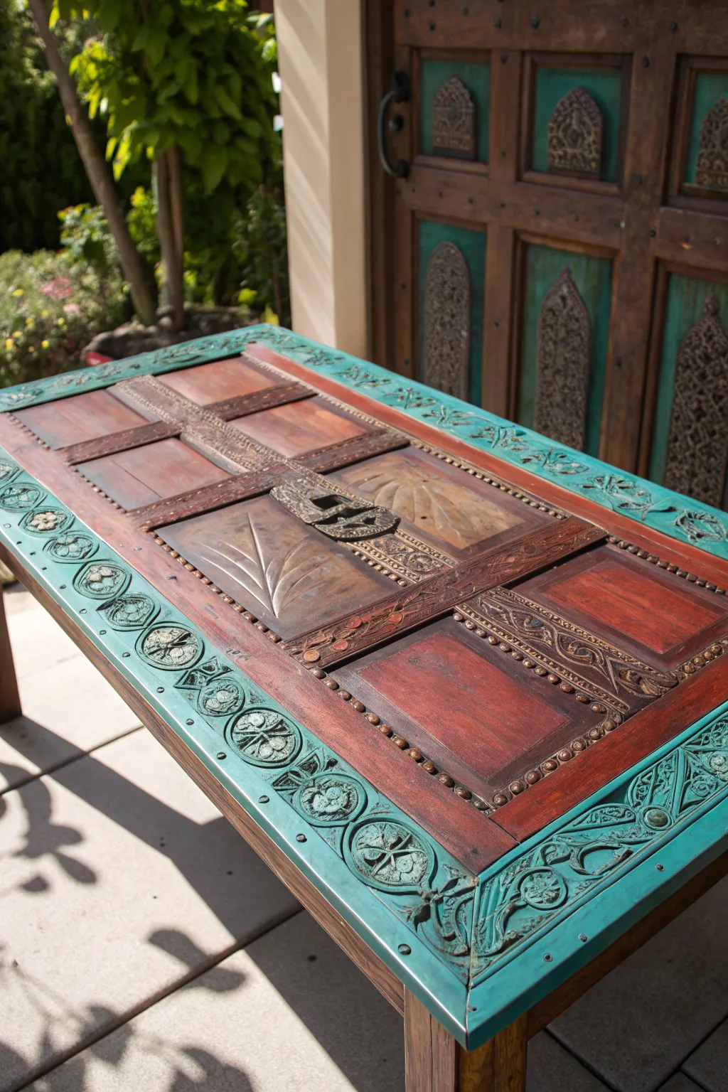 Transform history into style with a repurposed door table—where craftsmanship meets outdoor elegance.