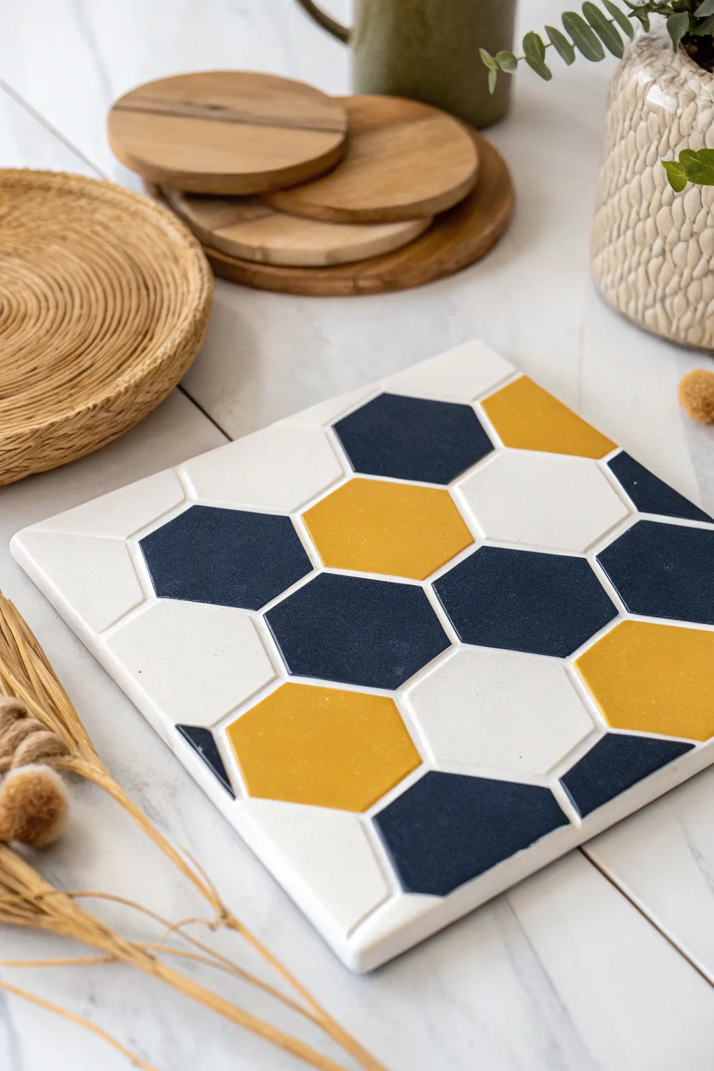 Transform your bathroom with the chic elegance of geometric hexagon tiles. #GeometricGlam #BathroomInspiration