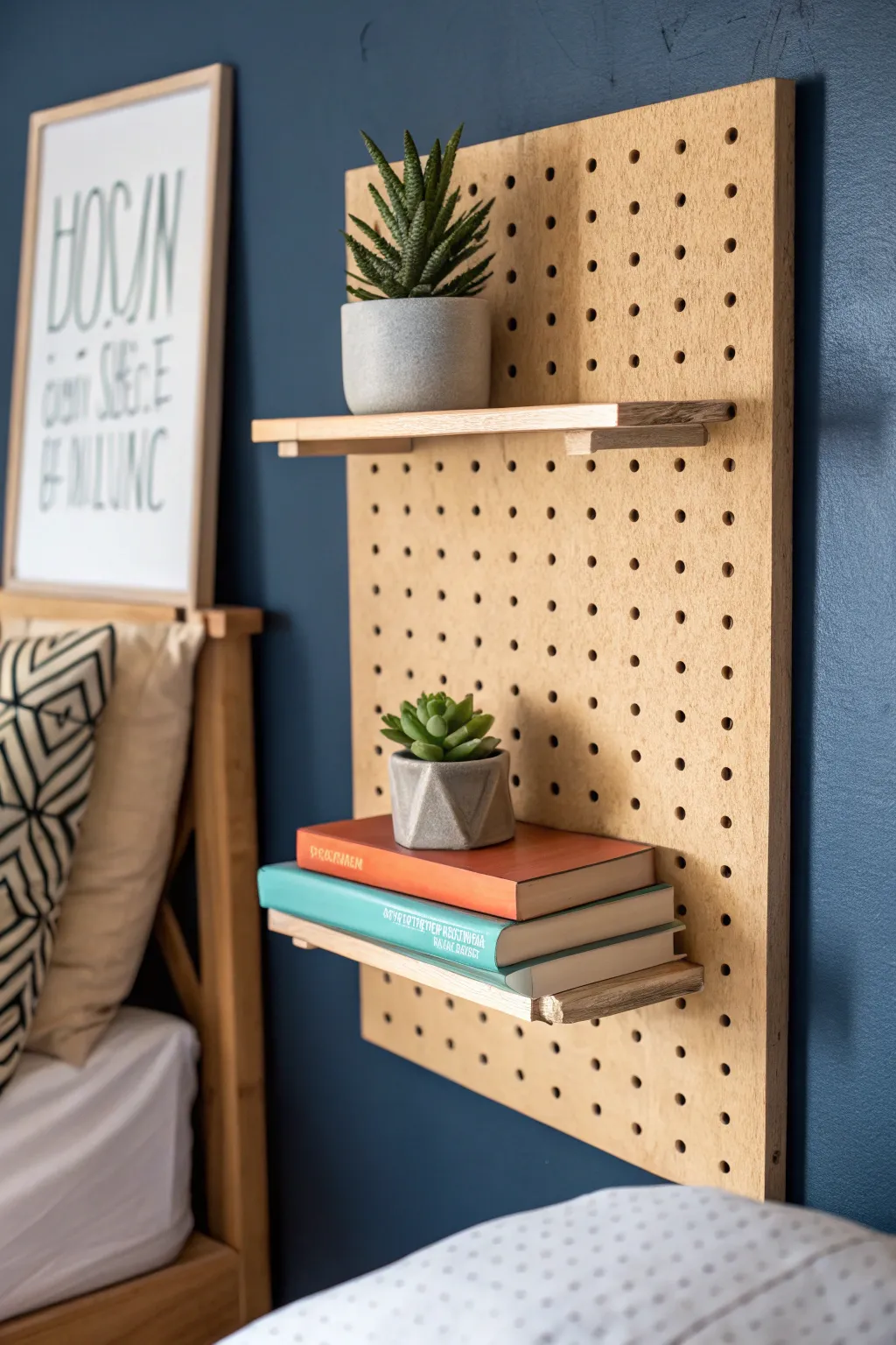 Transform your bedroom into a serene book nook with a handcrafted pegboard shelf — where style meets functionality.