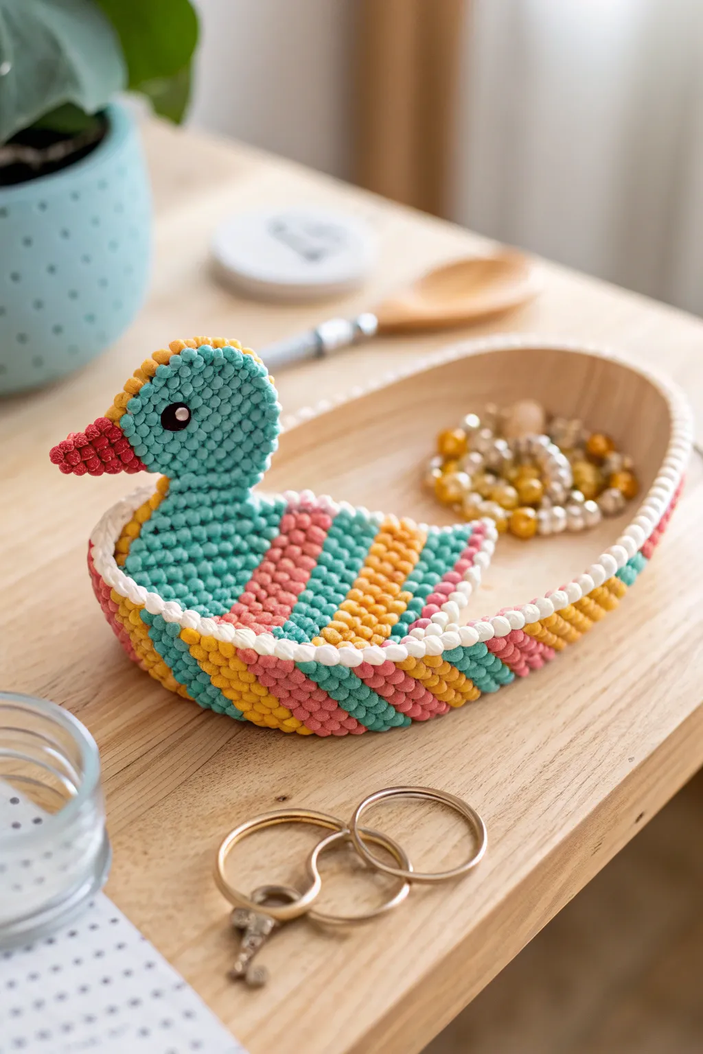 Add a splash of color and charm to your entryway with this delightful duck trinket tray!