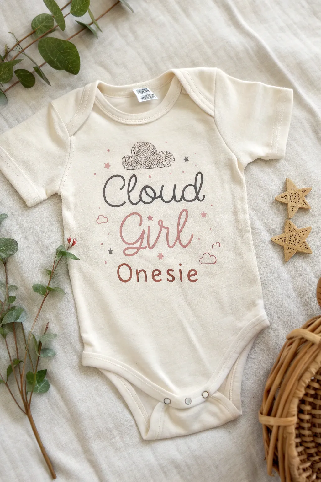 Dreamy Designs: Crafting Memories with Playful Stars and Clouds on Baby's Onesie.