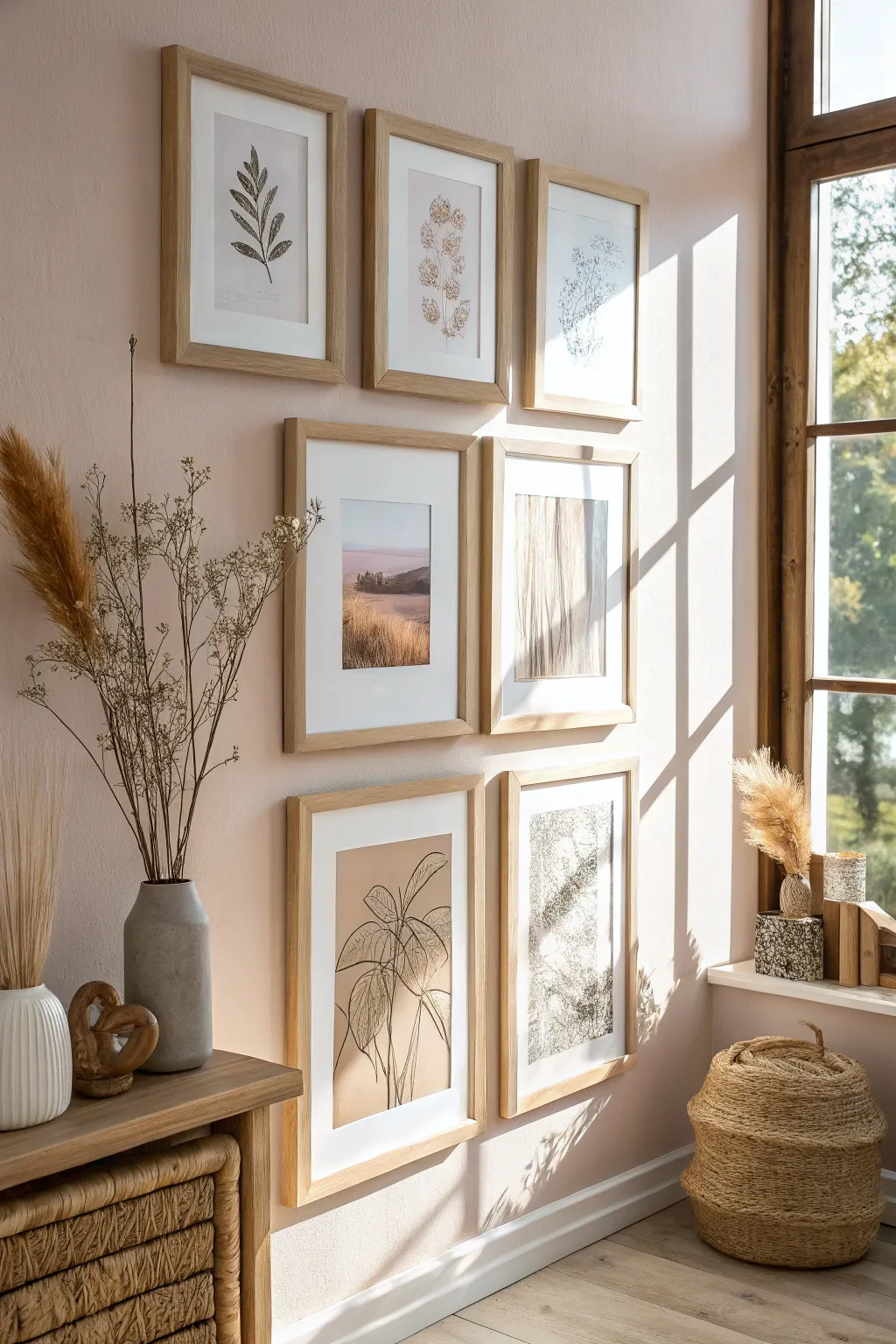 Elevate your space with the elegance of wall-mounted displays. Perfect for showcasing your treasured frames in minimalist, Bohemian style.