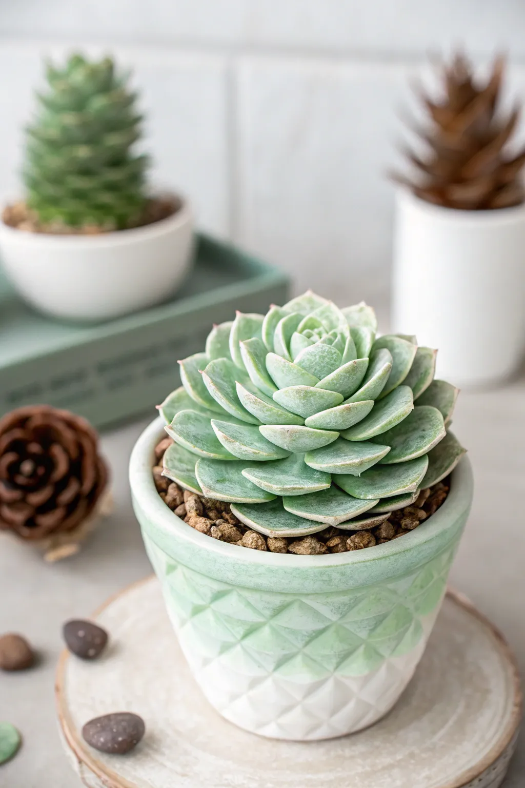 Bring nature indoors with these charming pine cone succulents—no watering needed!