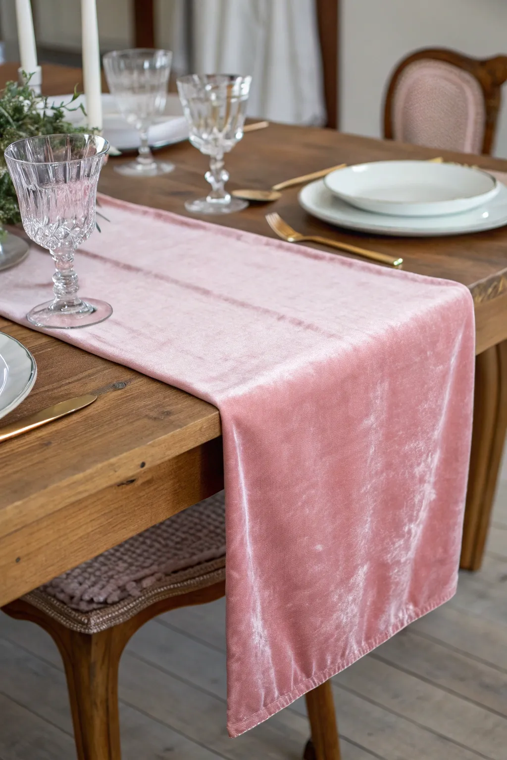 A luxurious pink velvet table runner for added warmth.