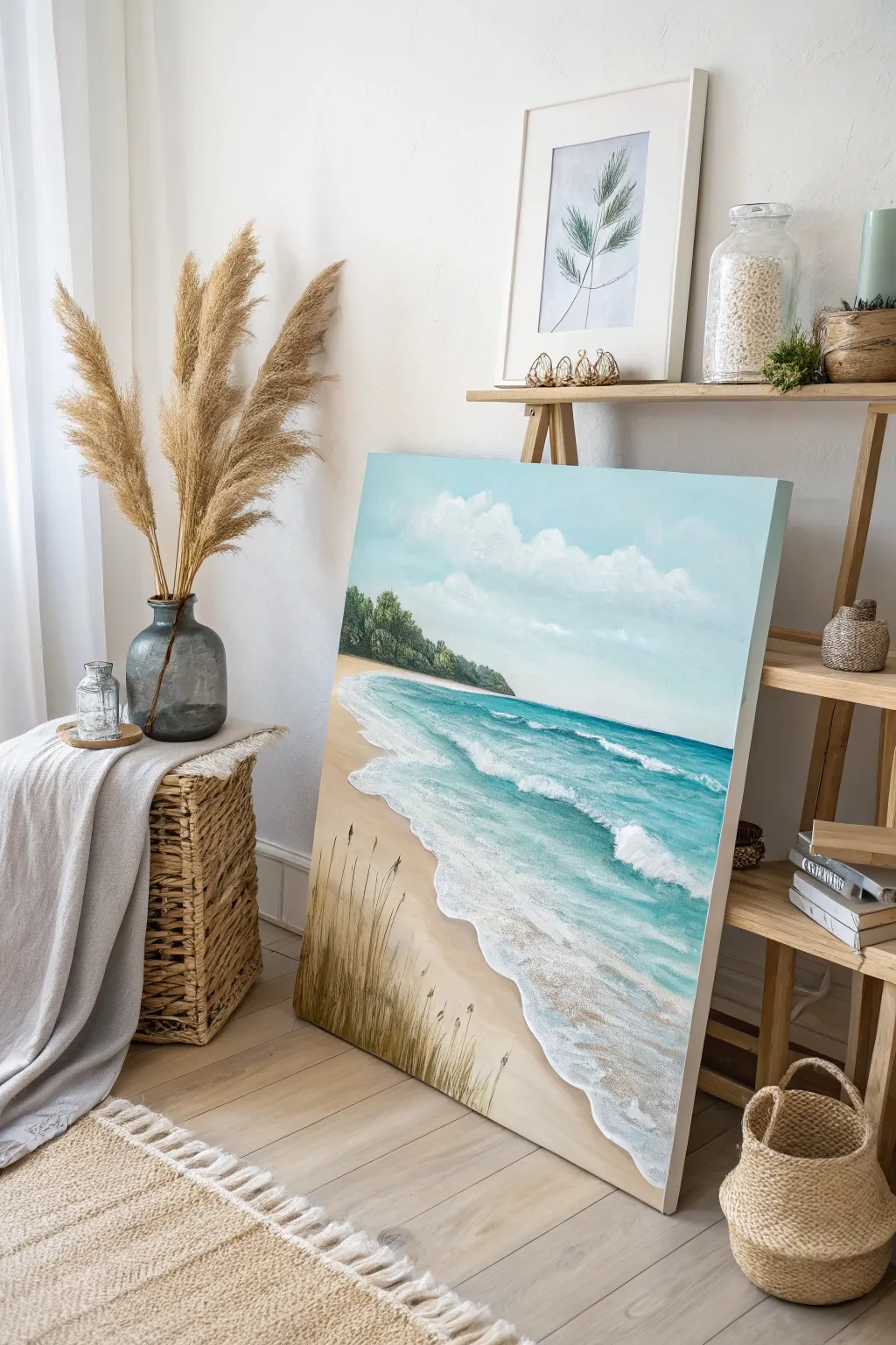 Embrace the tranquility of summer with this serene beach view painting, where simplicity meets natural beauty.