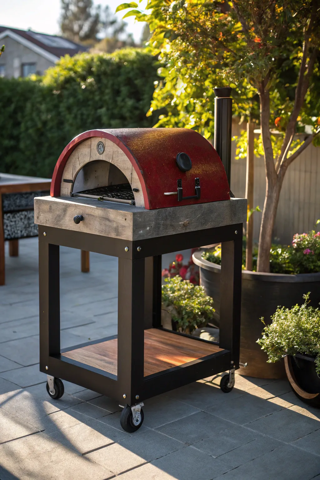 Roll into the party with style and flexibility—discover the art of mobility with our crafted pizza oven stand on wheels!