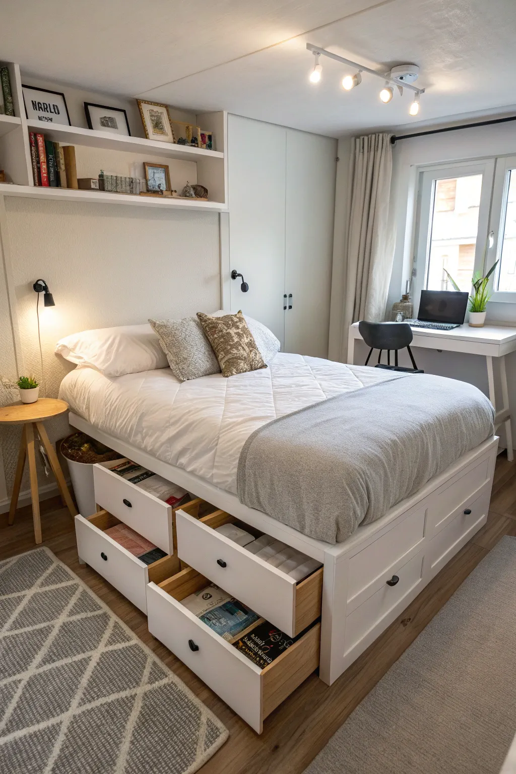 A platform bed with integrated storage, perfect for maximizing space.