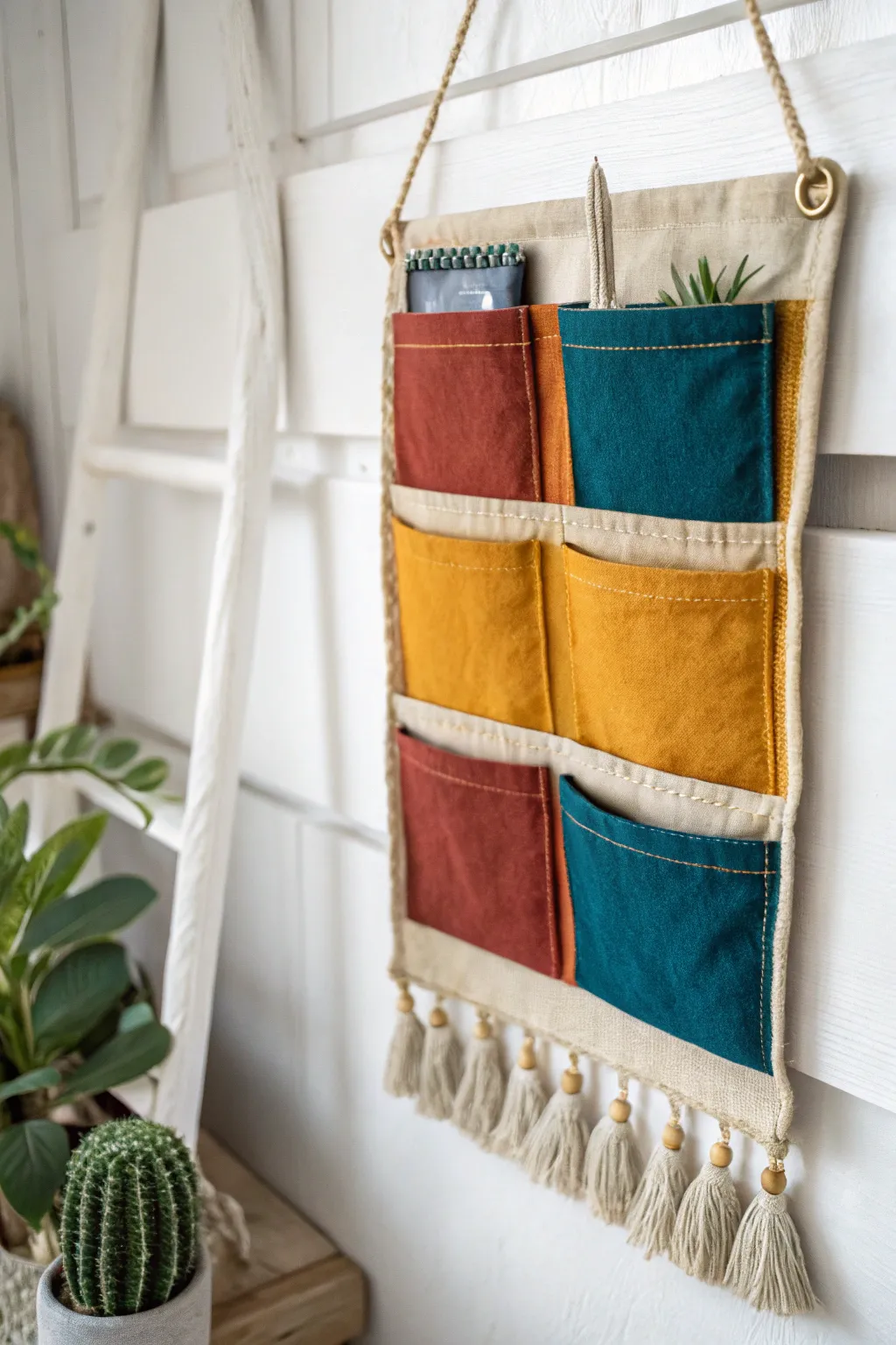 Elevate your space with a touch of minimalist charm and vibrant colors. This hanging pocket organizer is a perfect blend of function and style, ideal for keeping your creative tools within reach.