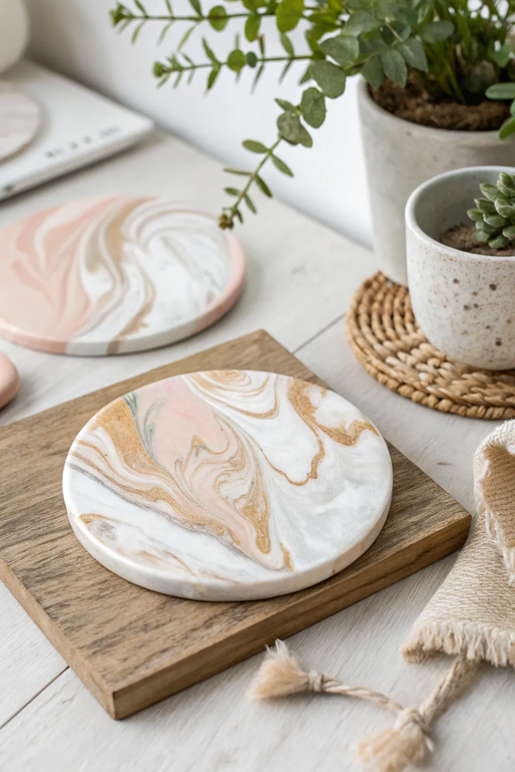 Elevate your table decor with these stunning polymer clay marble coasters, where simplicity meets artistry.