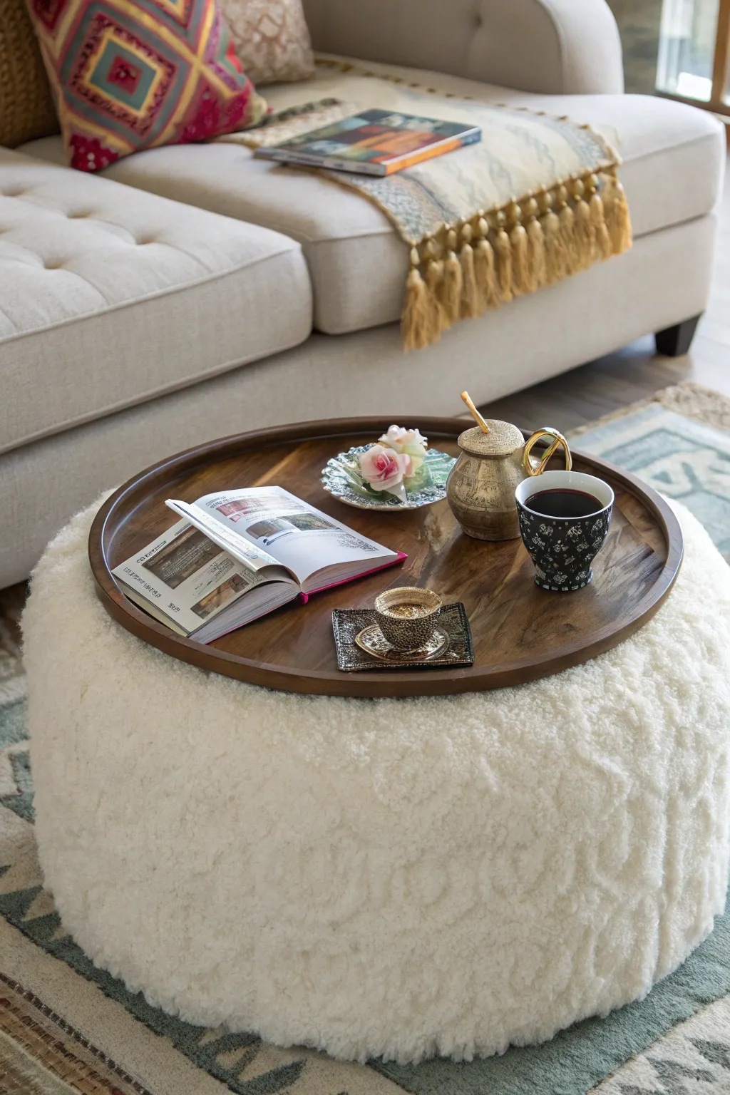 A poof serves as a practical and stylish coffee table.