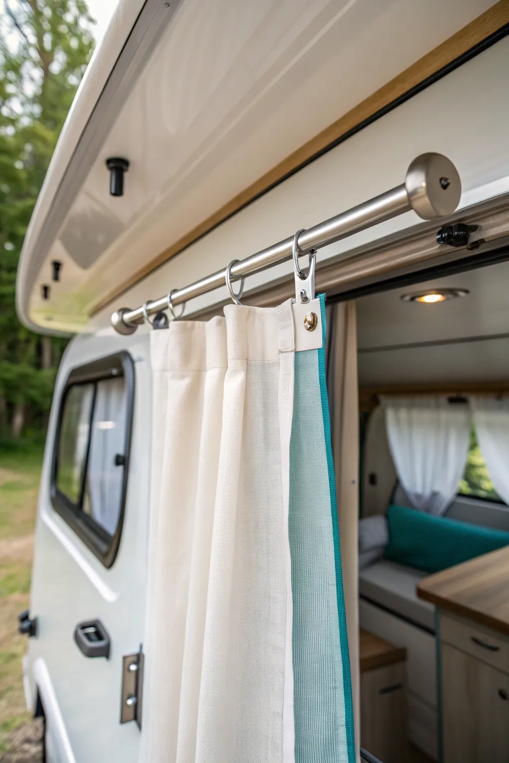 Effortless style and functionality with magnetic curtain rods – the perfect minimalist touch for your camper sanctuary.