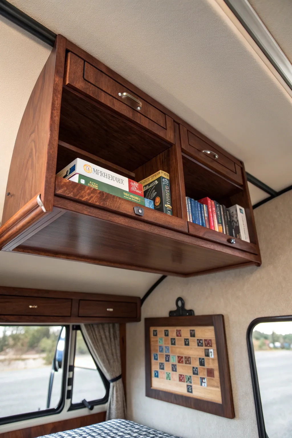 Elevate your camper's organization with stylish overhead shelving!
