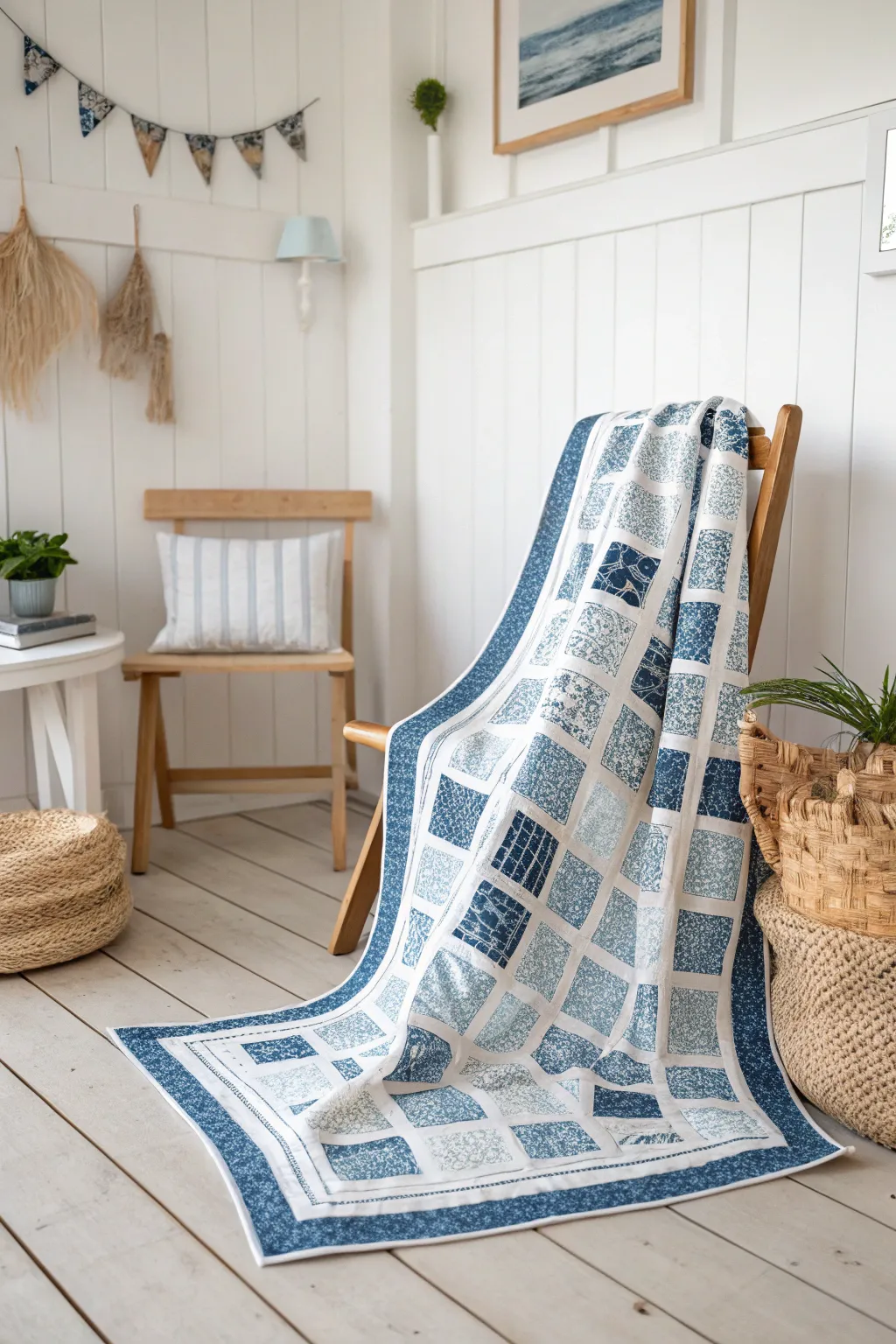 Embrace the serene charm of monochrome blues with this stunning postage stamp quilt.