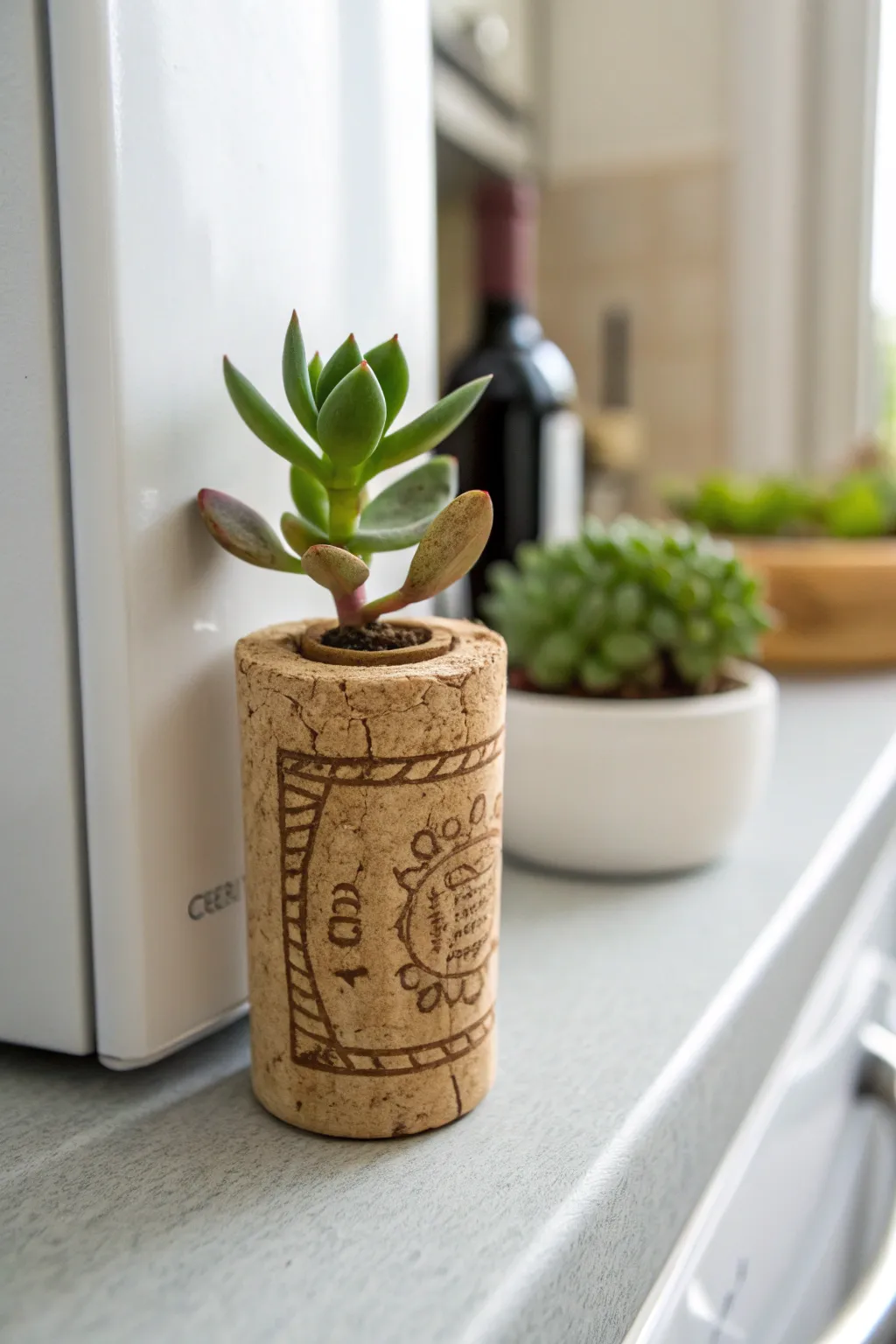 Transform wine corks into charming mini succulent planters for a touch of natural beauty in your kitchen.