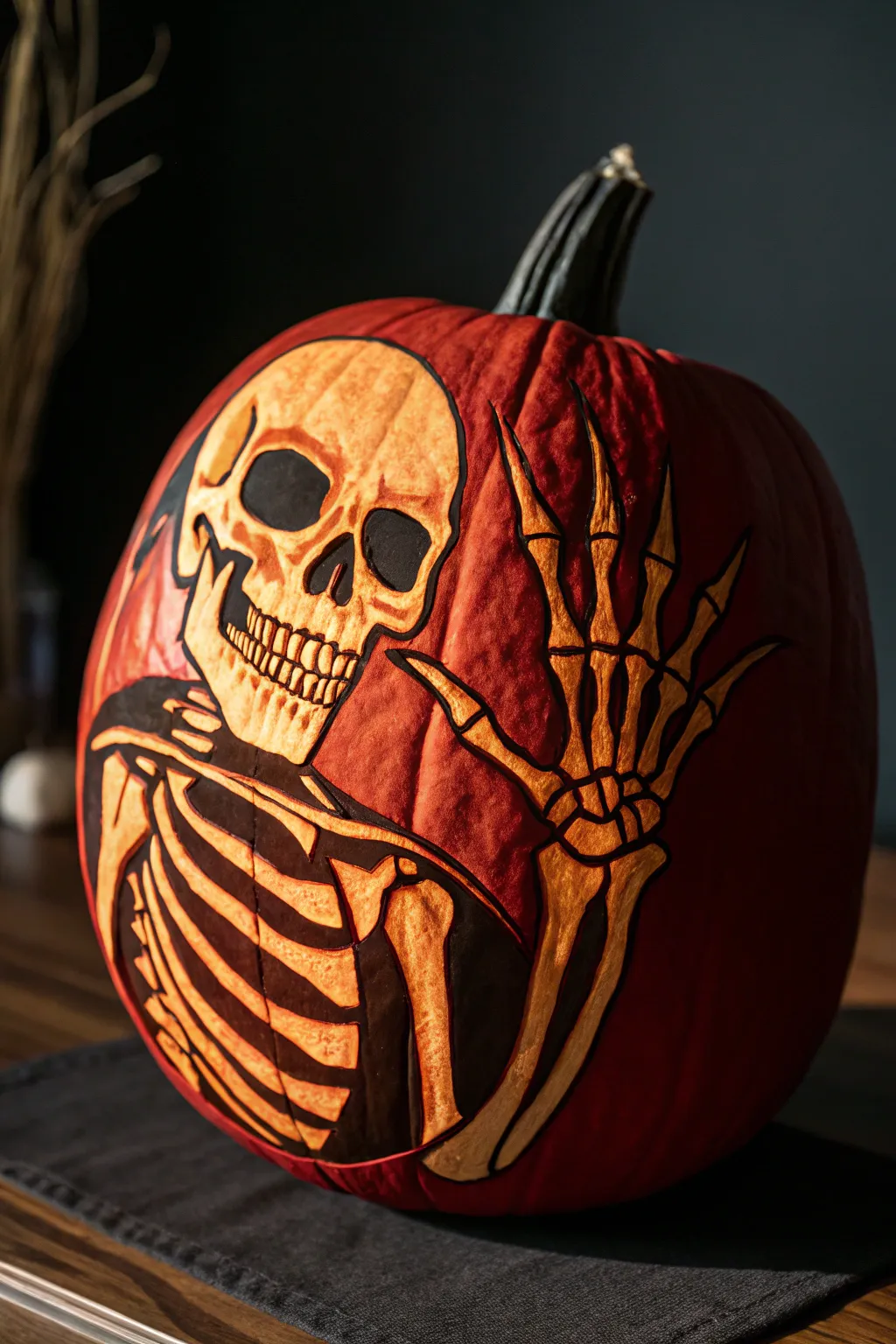 Master the art of the macabre with this intricately carved skeleton pumpkin!