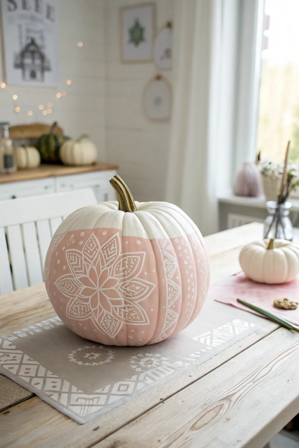 Elevate your autumn decor with a beautifully painted pumpkin that blends Scandinavian minimalism with a boho touch.