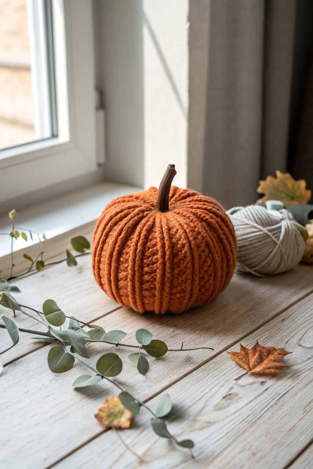 Embrace cozy autumn vibes with this charming yarn-wrapped pumpkin centerpiece.