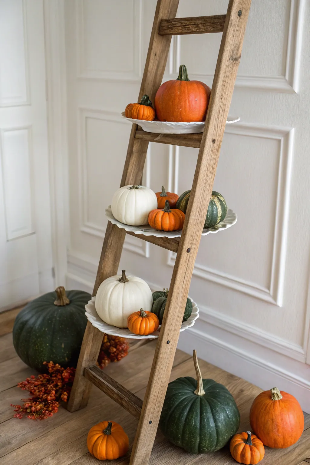 Elevate your autumn decor with a charming vintage ladder display, blending minimalist elegance with bold, natural colors.