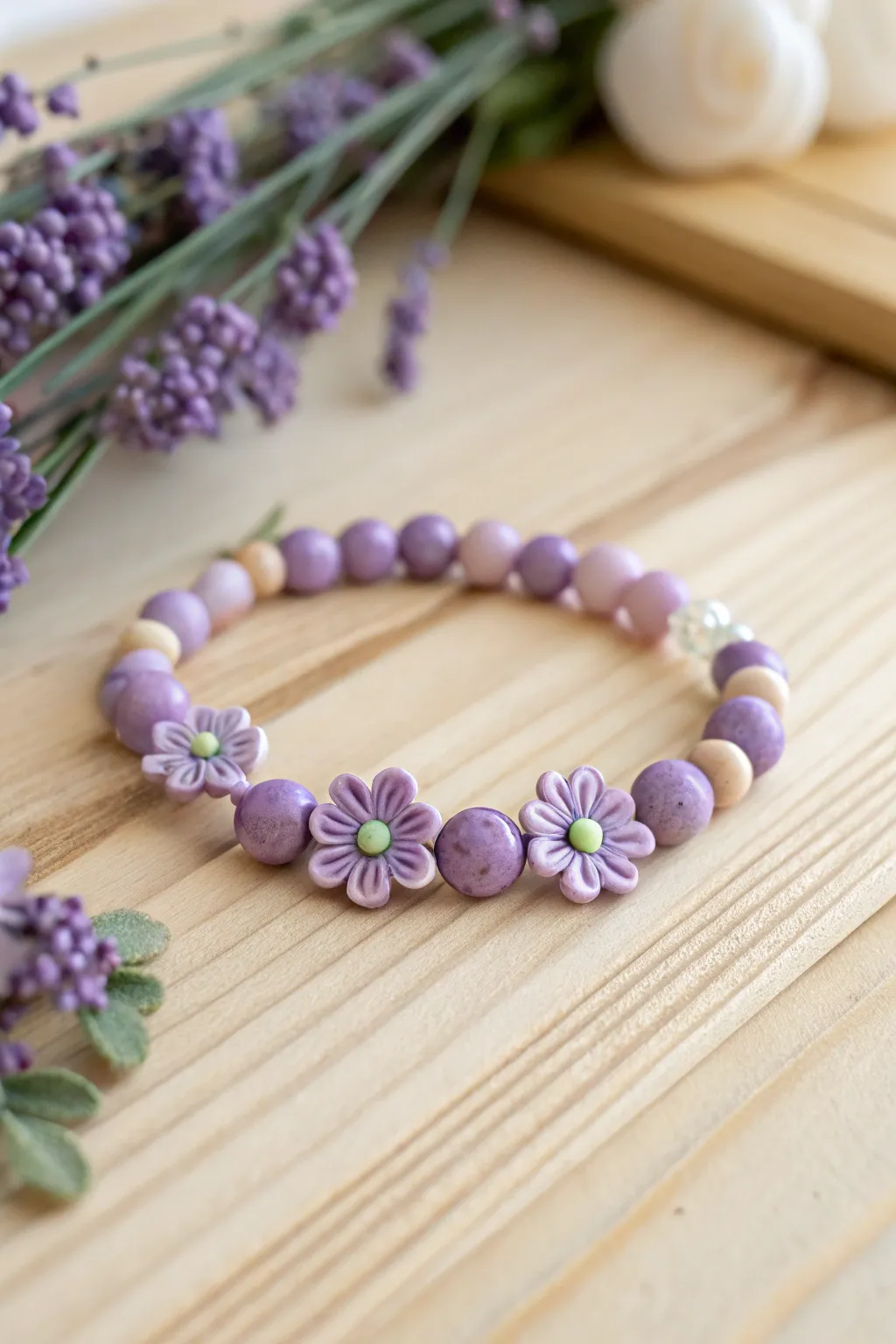 Wear a garden on your wrist with this charming purple clay bead bracelet, adorned with delicate floral accents.