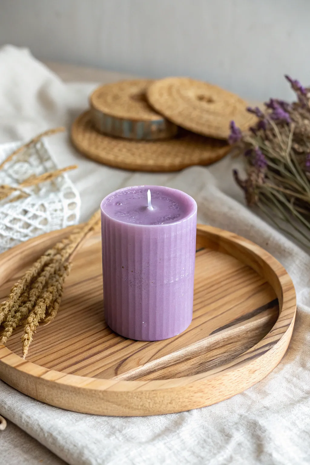 Illuminate your space with the serene glow of handmade purple candles.