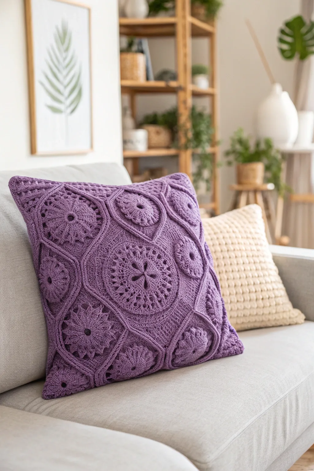 Add a touch of cozy elegance with a plush purple crochet pillow.