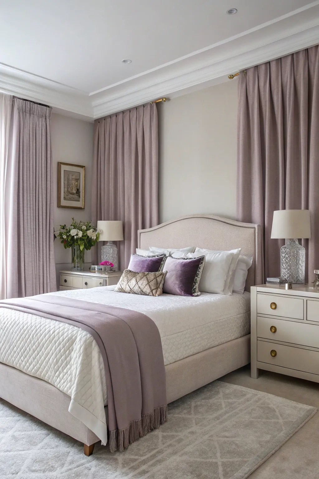 Mauve accents paired with neutrals create a refined and elegant space.