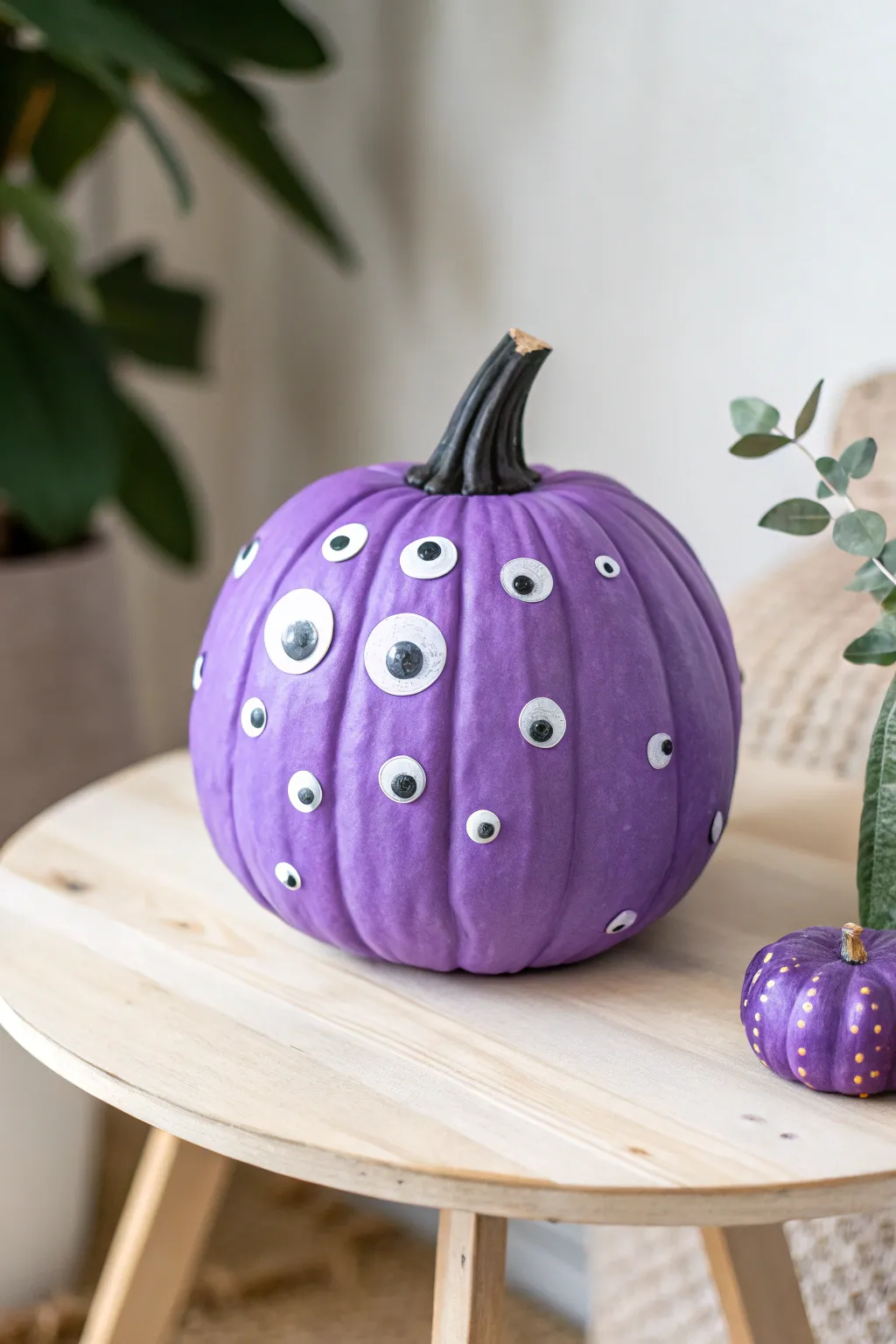 Add a playful twist to your fall decor with a googly-eyed purple pumpkin centerpiece!