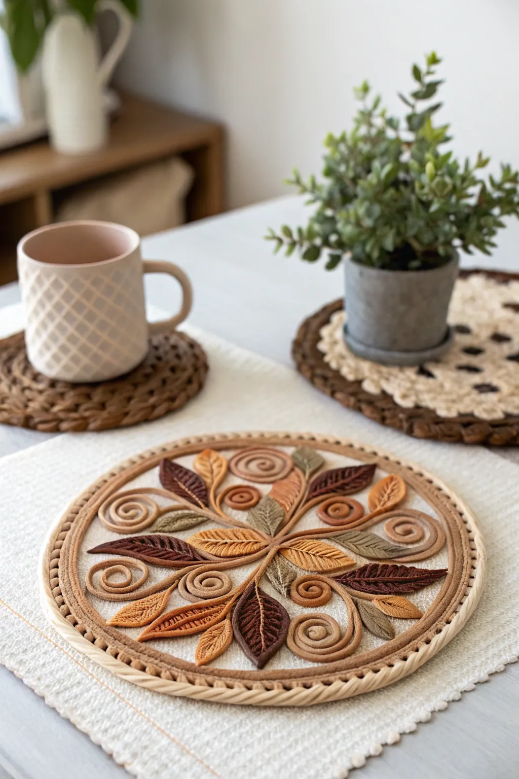Elevate your decor with nature-inspired quilling coasters, a perfect blend of simplicity and artisanal beauty.