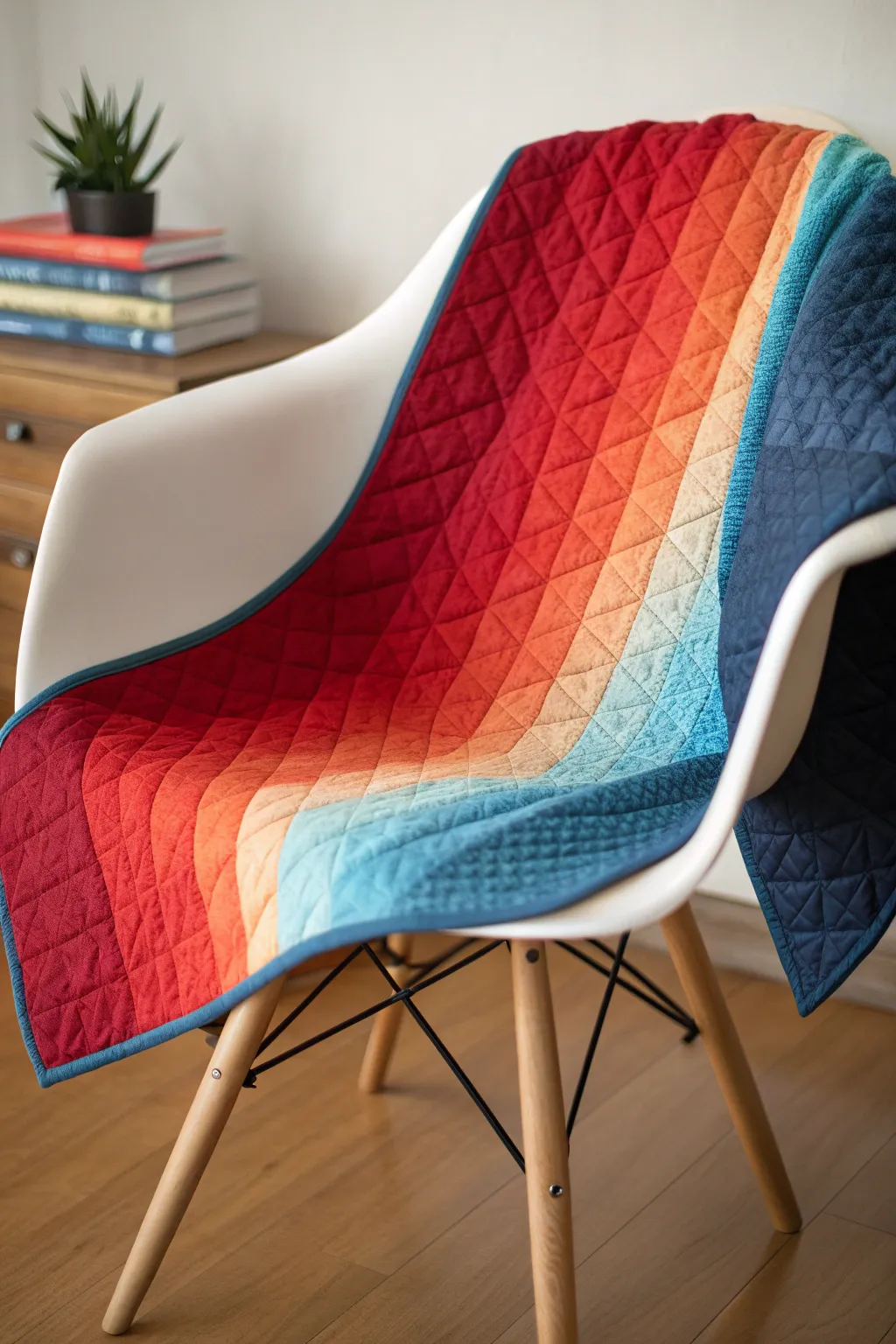 Explore the art of color blending with this striking gradient quilt, where warm reds flow into cool blues, capturing the essence of minimalist beauty.