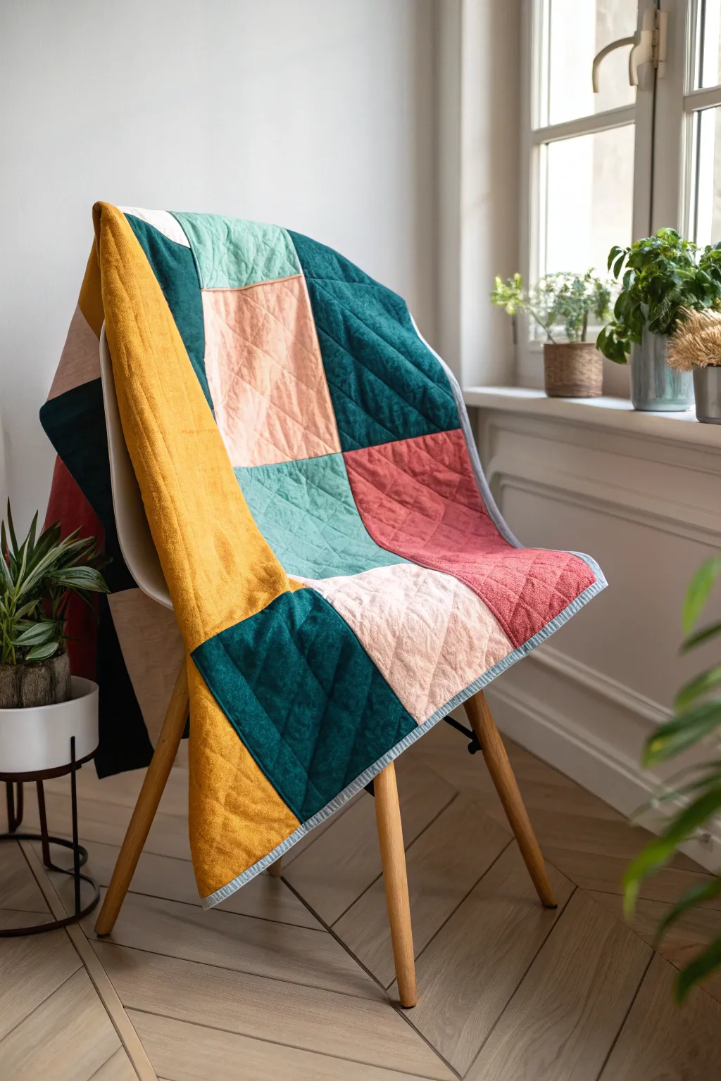 Discover the art of color blocking with this stunning quilt layout, bringing a modern and vibrant touch to your minimalist space.
