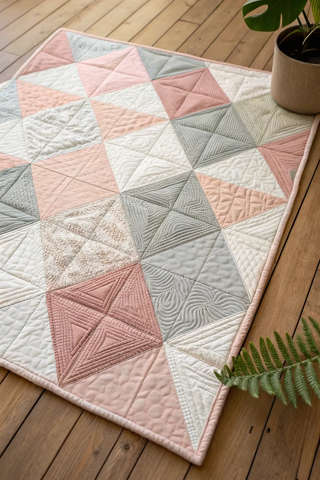 Wrap your love in geometric elegance with this stunning quilt – a perfect wedding gift that combines modern style with timeless craftsmanship.