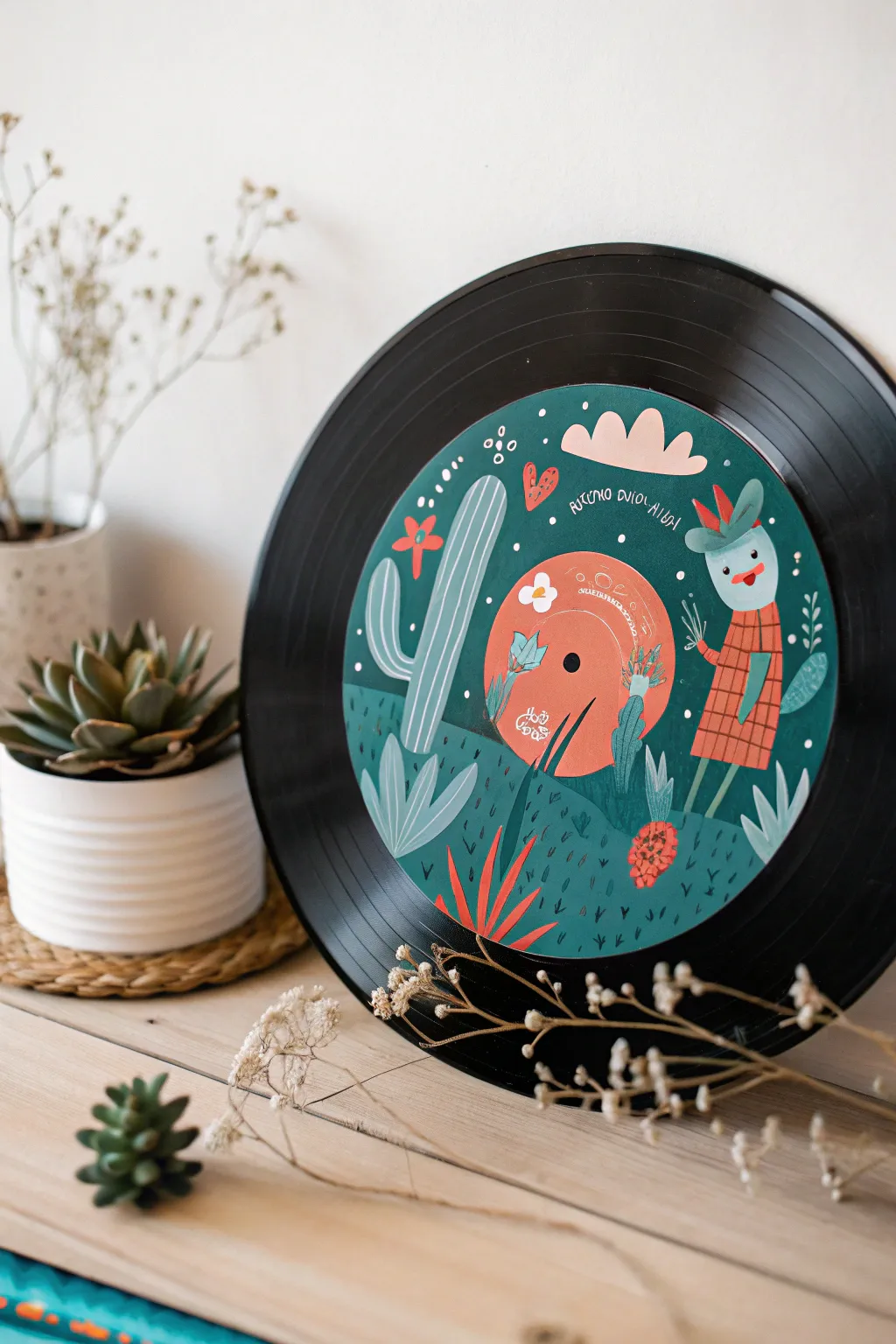 Add a touch of whimsy to your decor with hand-painted cartoon characters on vinyl records. Perfect for a playful and artistic vibe!