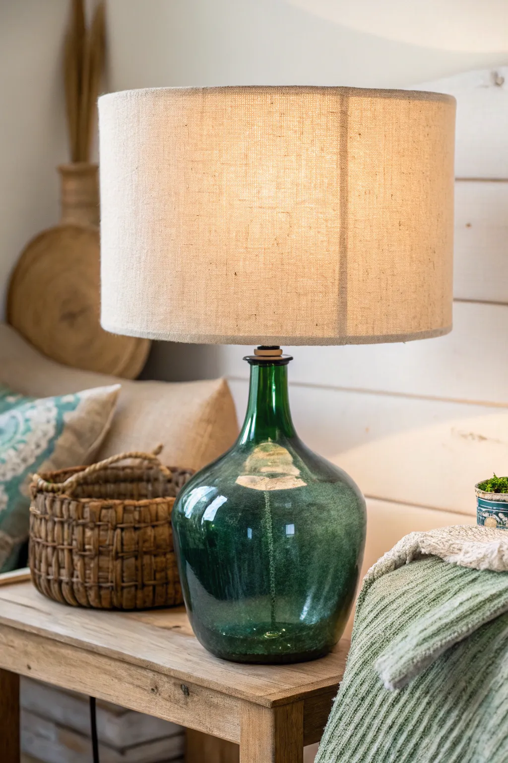 Illuminate your space with rustic elegance: a recycled glass bottle lamp that blends Scandinavian simplicity with a touch of Boho charm.