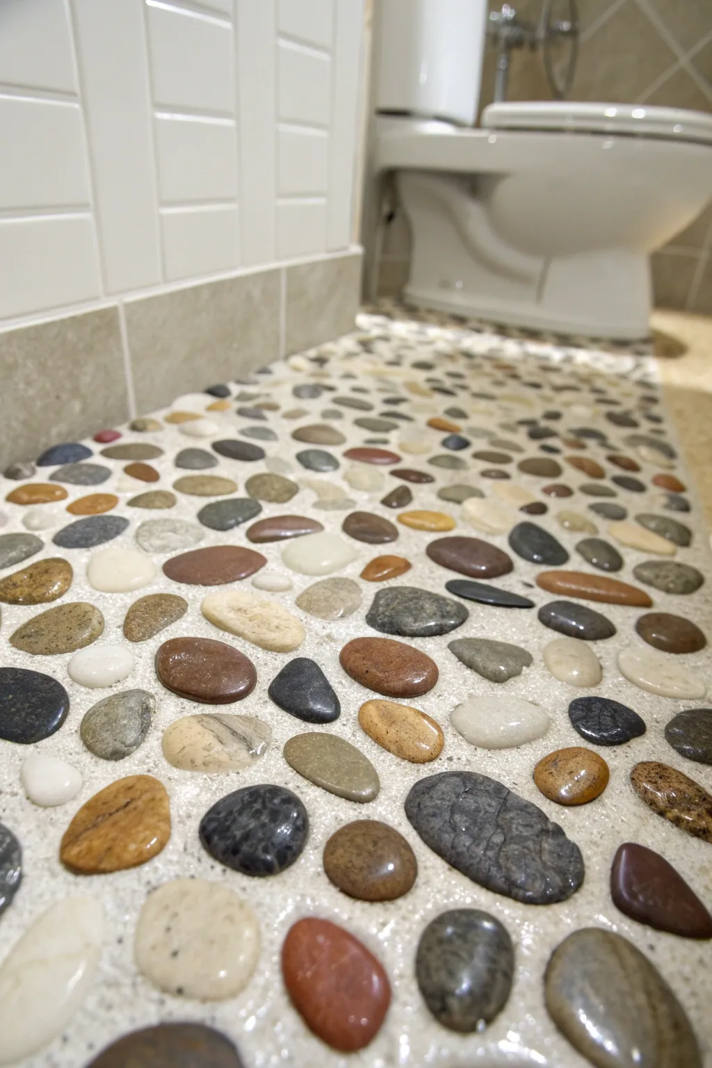 Transform your bathroom into a serene spa retreat with a stunning pebble floor—nature's perfect craftsmanship at your feet.