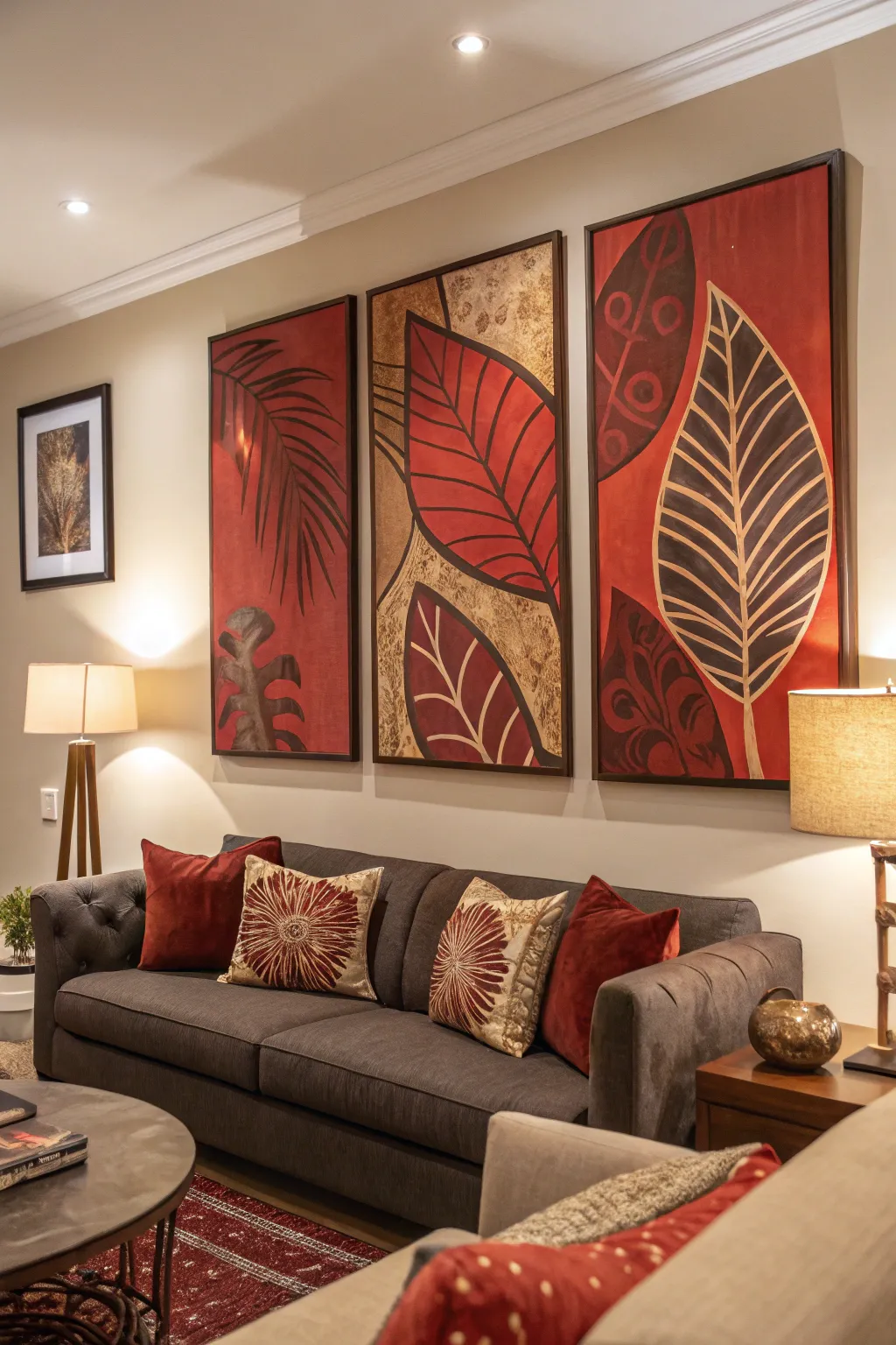 Artwork brings cohesion to a red and brown color scheme.