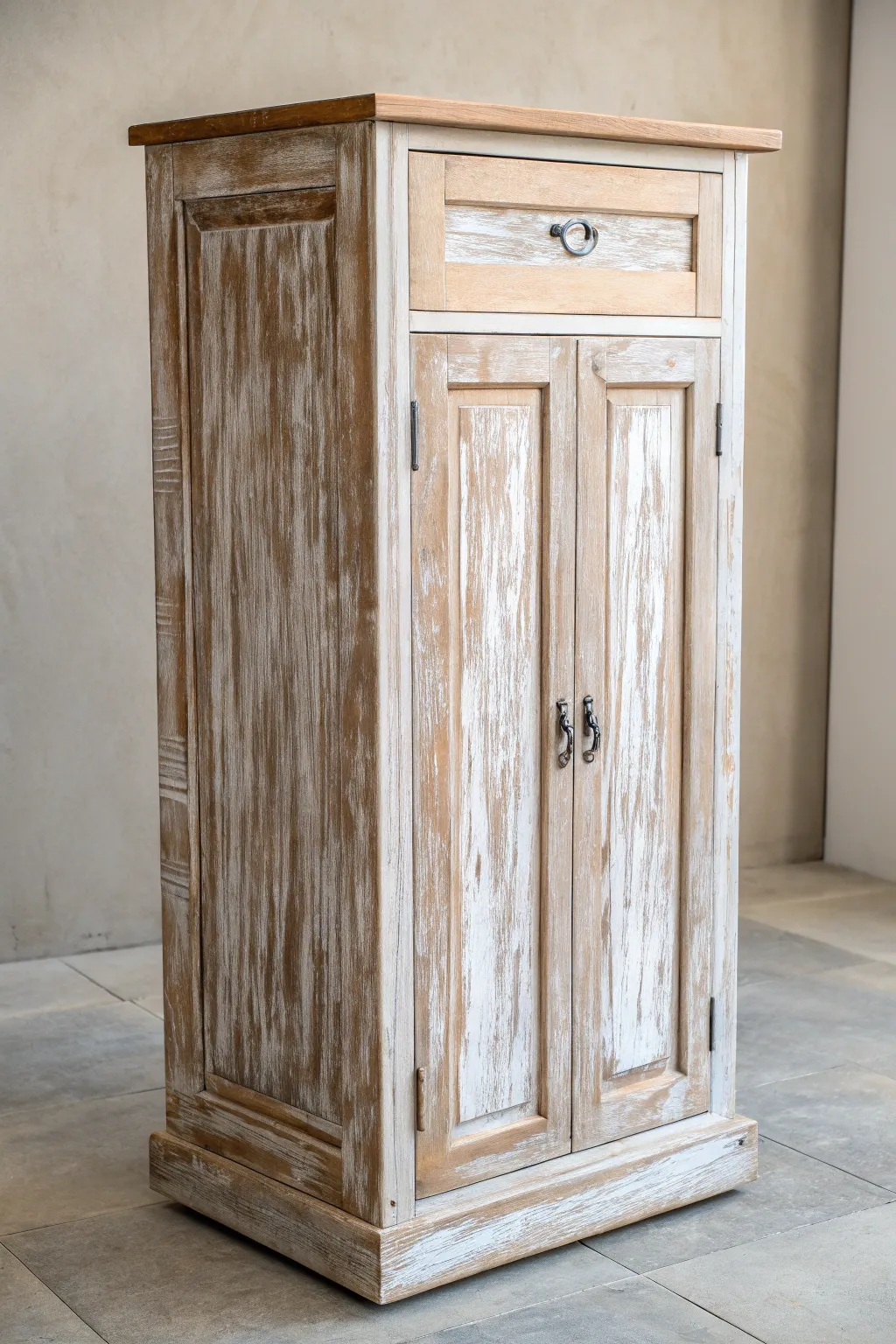 Embrace the charm of rustic elegance with a beautifully distressed cabinet finish.