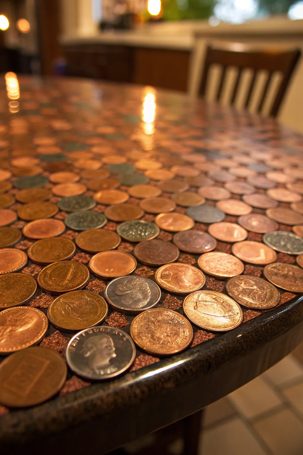 Transform your table into a captivating copper masterpiece with a penny mosaic finish!