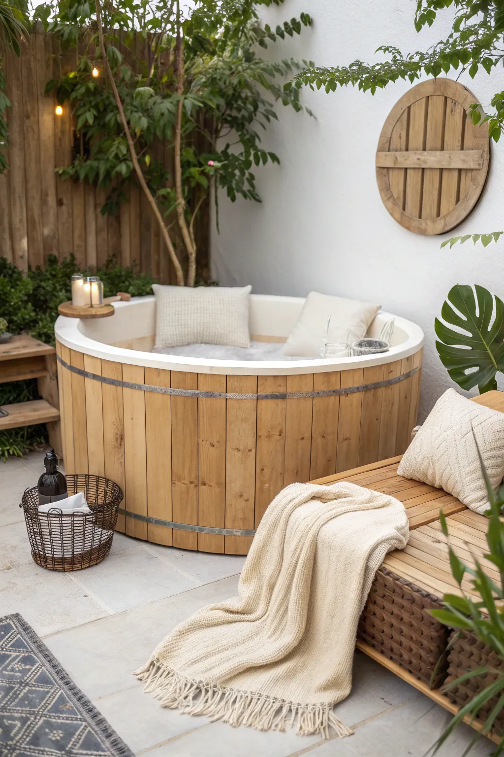Transform your old hot tub into a stunning outdoor seating oasis that combines minimalist elegance with boho flair.