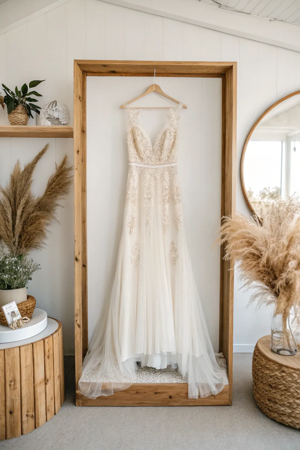 Transform your cherished wedding dress into a stunning art display that exudes simplicity and elegance.