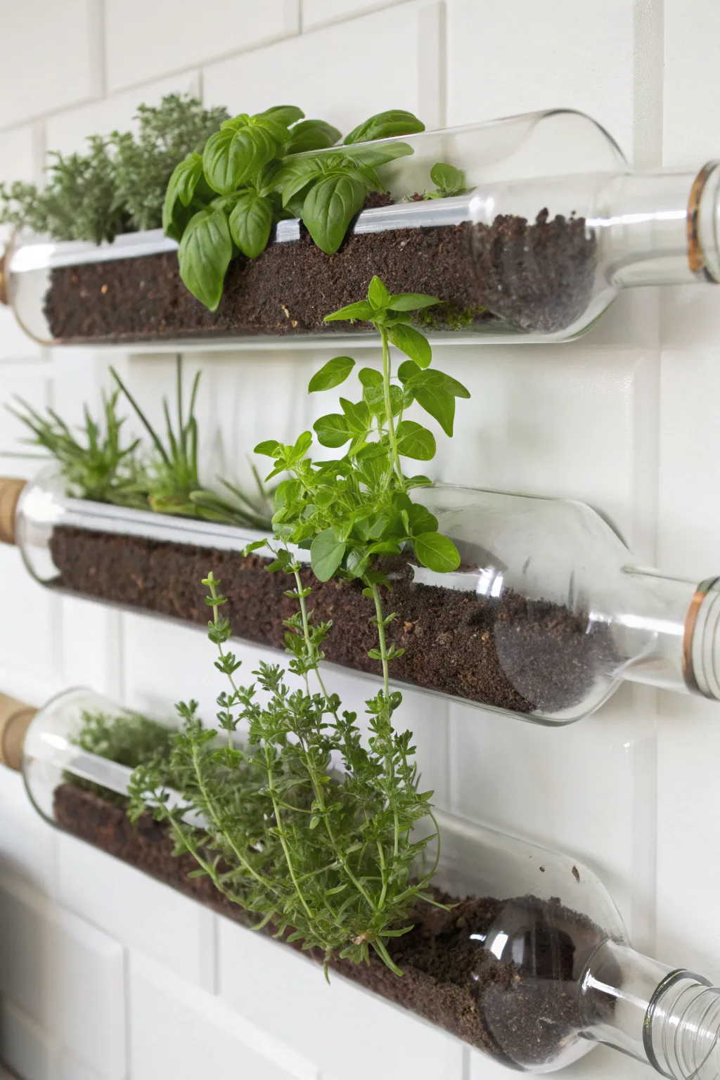 Transform your space with a chic herb garden: repurposed wine bottles bring nature indoors with minimalist flair!