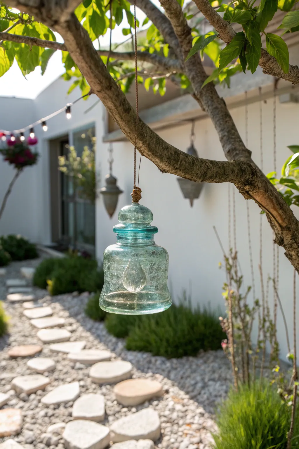 Transform your garden into a whimsical oasis with repurposed glass insulators that sparkle like jewels in the sunlight.
