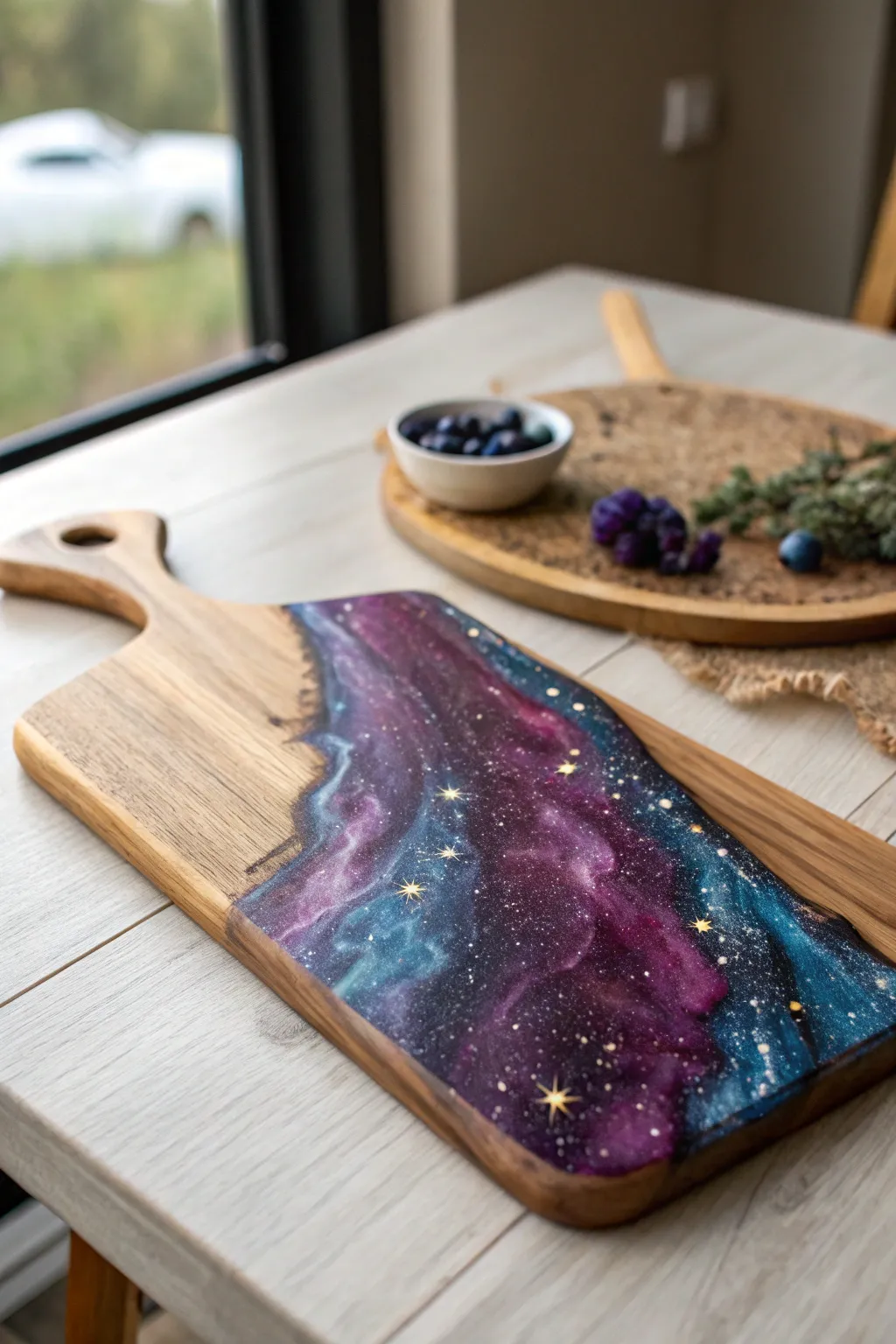 Elevate your dining experience with a galaxy-inspired resin charcuterie board that brings the cosmos to your table.