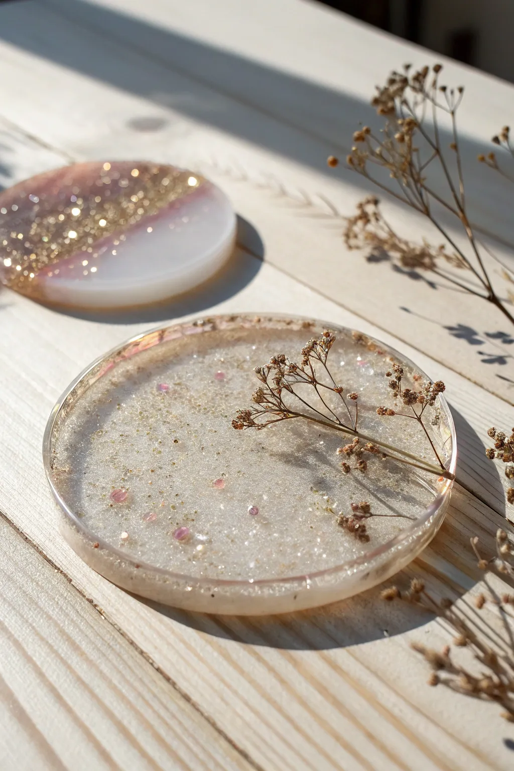 Add a touch of sparkle to your table with these exquisite glitter-infused resin coasters.