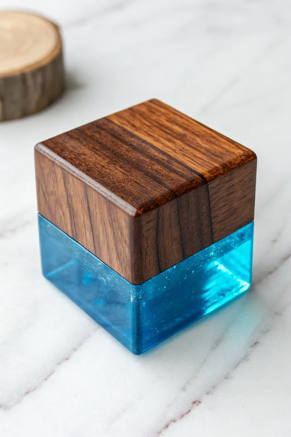Discover the serene blend of wood and resin in this handcrafted cube, where nature meets modern elegance.