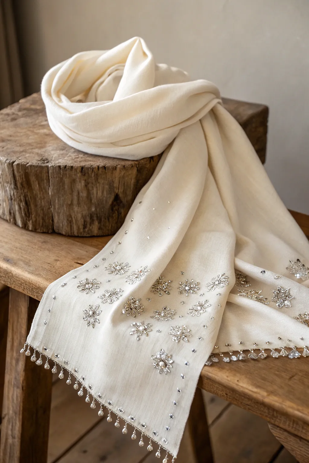 Elevate your style with sparkling scarf edges—where simplicity meets a touch of luxury.