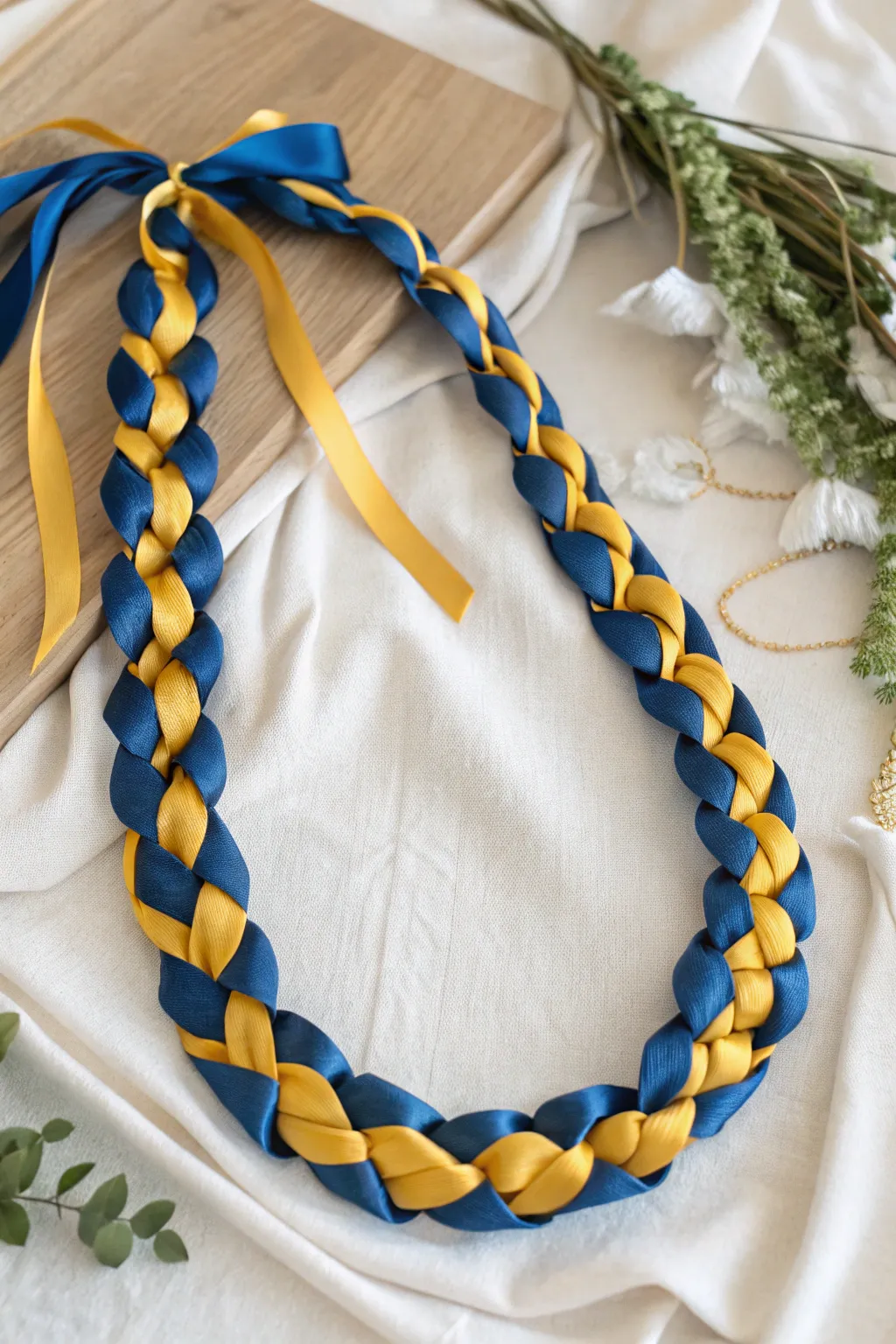 Celebrate achievements with a handcrafted ribbon lei in vibrant school colors, a perfect blend of simplicity and elegance.