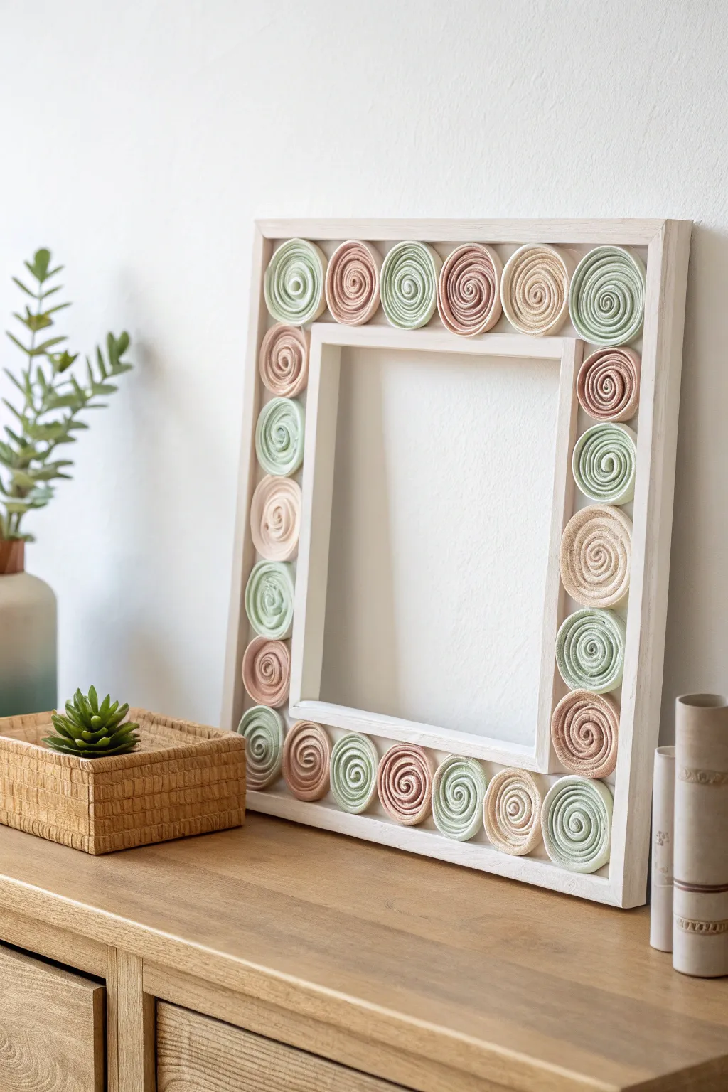 Elevate your decor with minimalist geometric frames crafted from rolled paper spirals.