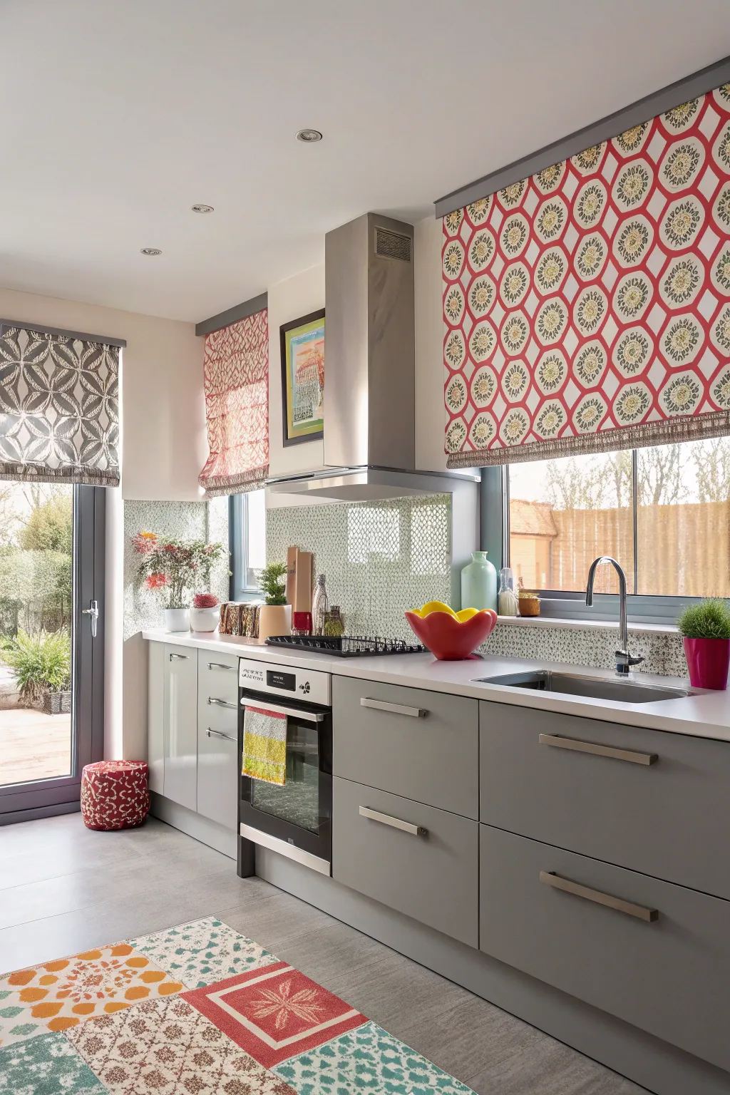 Bold patterns bring a lively touch to this kitchen.