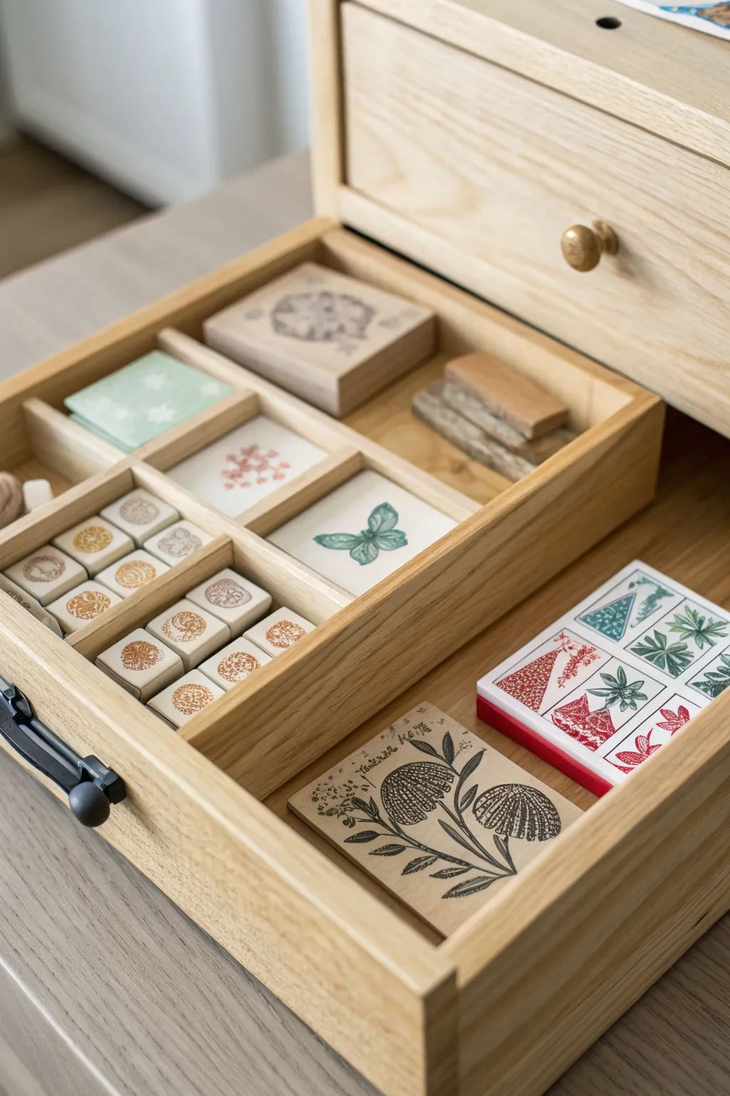 Embrace simplicity with a touch of bold charm: Perfectly organized rubber stamp drawer.