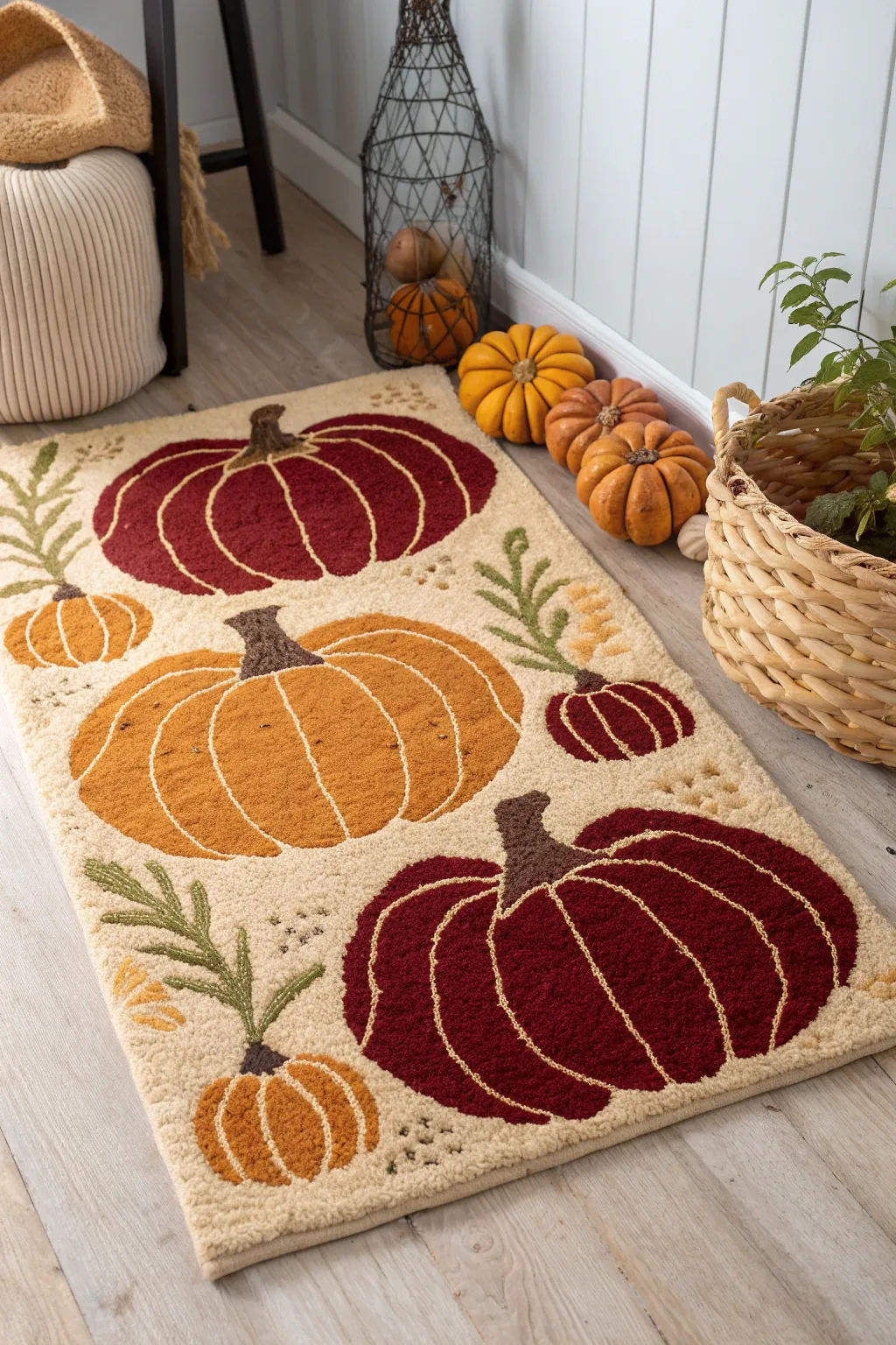 Bring the cozy charm of autumn into your home with this beautifully hooked pumpkin rug.